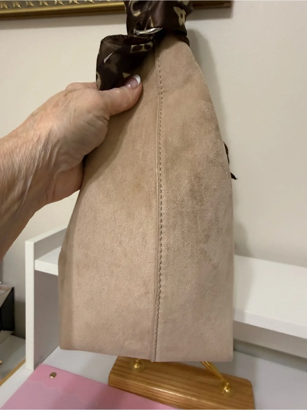 Suede Crescent Shoulder Bag in Beige